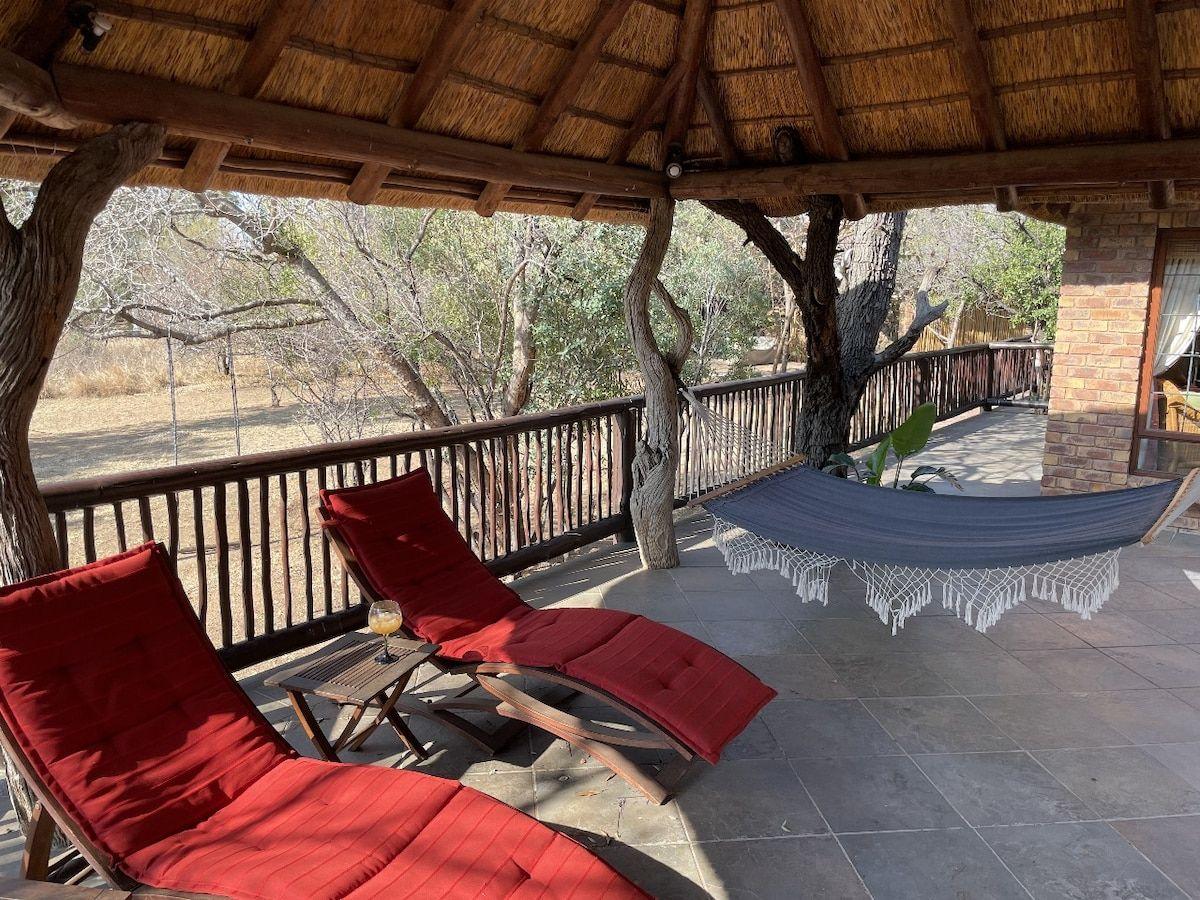 The thatched lapa with loungers and a hammock