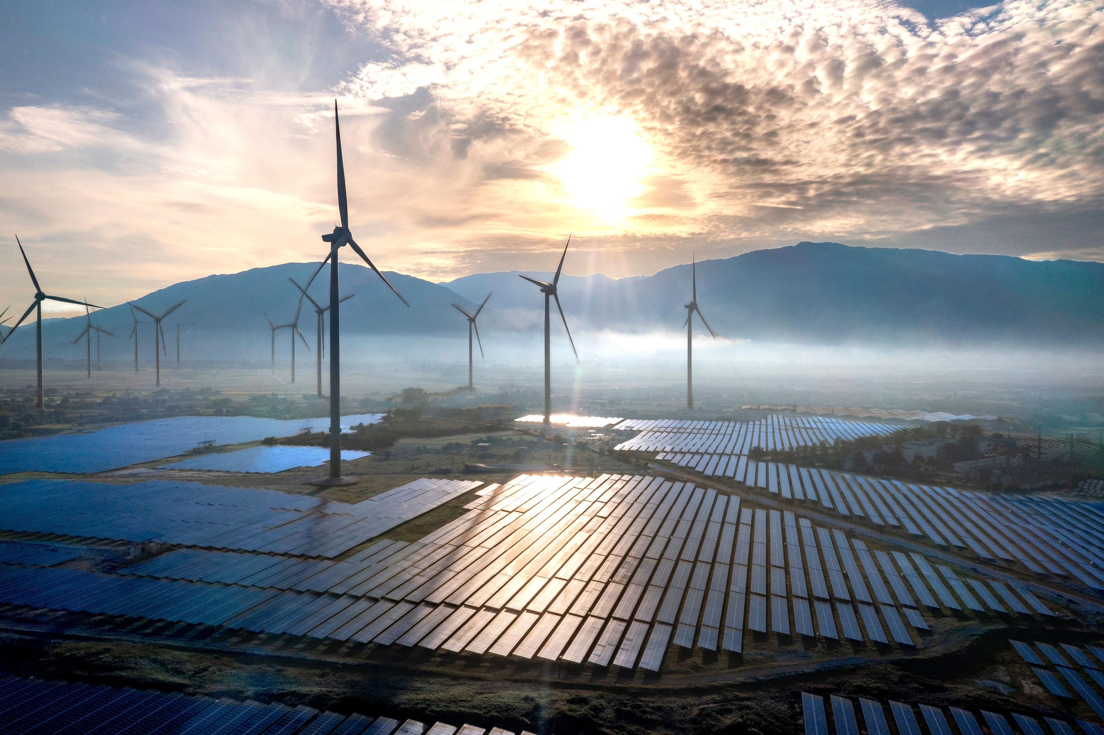 Renewable energy solar panels and wind turbines